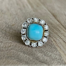 Load image into Gallery viewer, Vintage Platinum and 14K Gold Turquoise and Diamond Cushion Shape Ring
