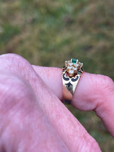 Load image into Gallery viewer, Vintage Victorian Revival 13k Yellow Gold Emerald Diamond and Black Enamel Ring