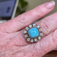 Load image into Gallery viewer, Vintage Platinum and 14K Gold Turquoise and Diamond Cushion Shape Ring