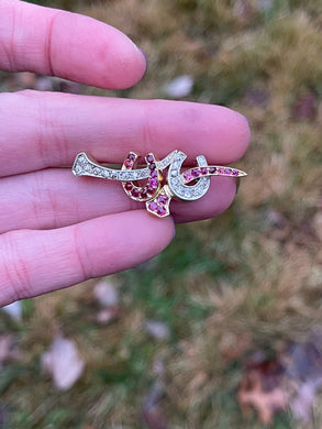 14k Yellow Gold and Platinum Diamond and Ruby Equestrian Brooch